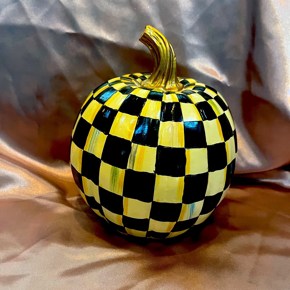 MacKenzie Childs Elegant Checkered Black and Gold Ceramic Pumpkin medium